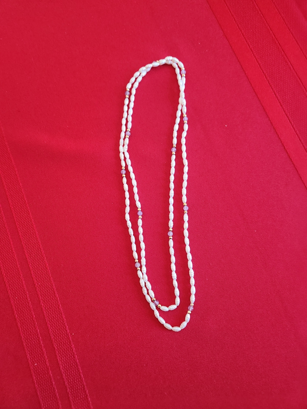 White Beaded Double-Strand Necklace with Purple And Gold Accents